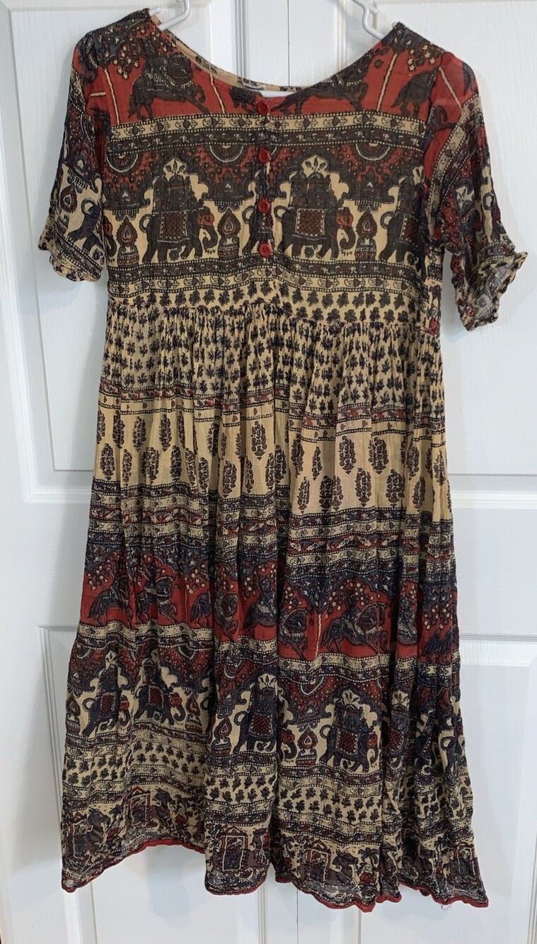 Vintage Indian Cotton Gauze Boho M Maxi Broom Dress Phool Style Block Print